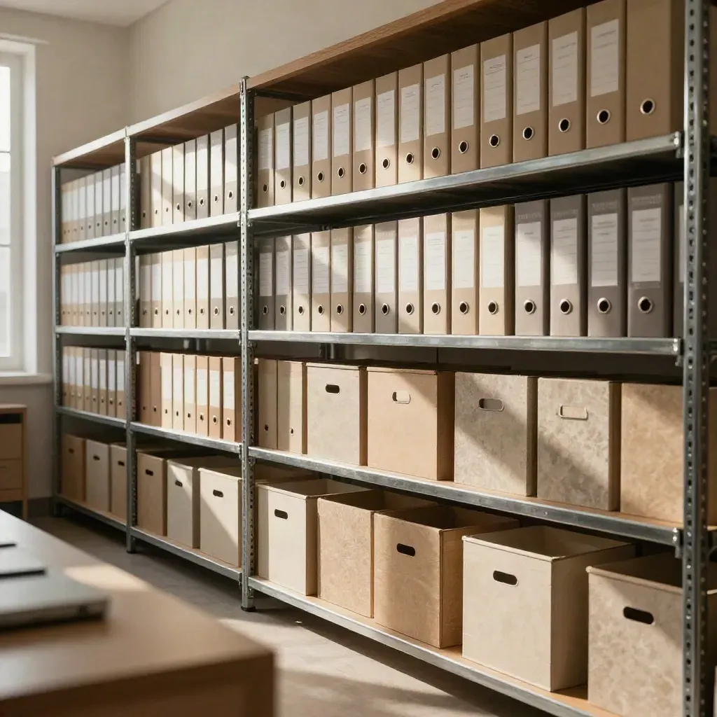 Warm archive wall with binders, boxes, and a metal file rail in soft window light.