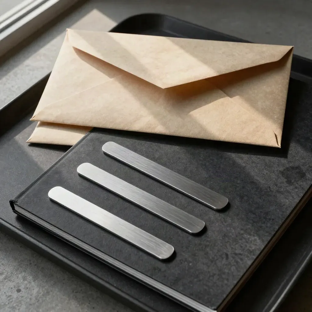 Courier envelope, opening binder and silver jurisdiction tabs on a dark tray under soft side light.