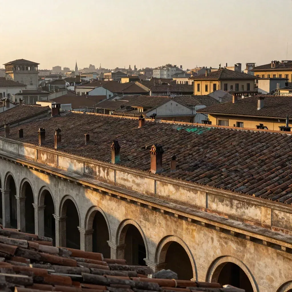 Milan terracotta rooftops and a stone arcade in amber heat haze, calm copy space below